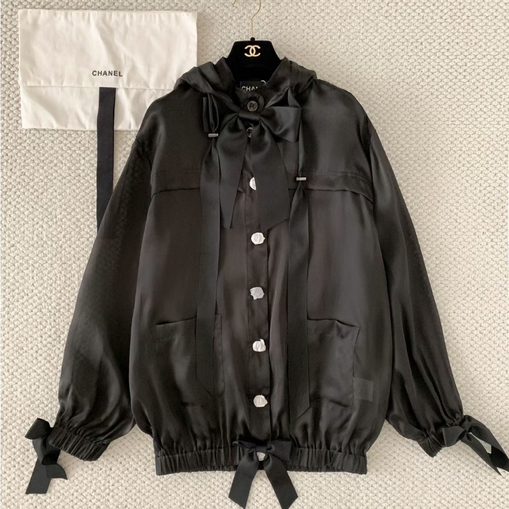 CHANEL Black Silk Bow-Front Bomber Jacket